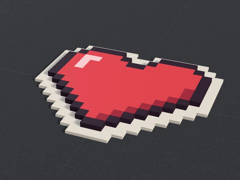 A pixel art heart turned into a 3D model with colored blocks on a base plate