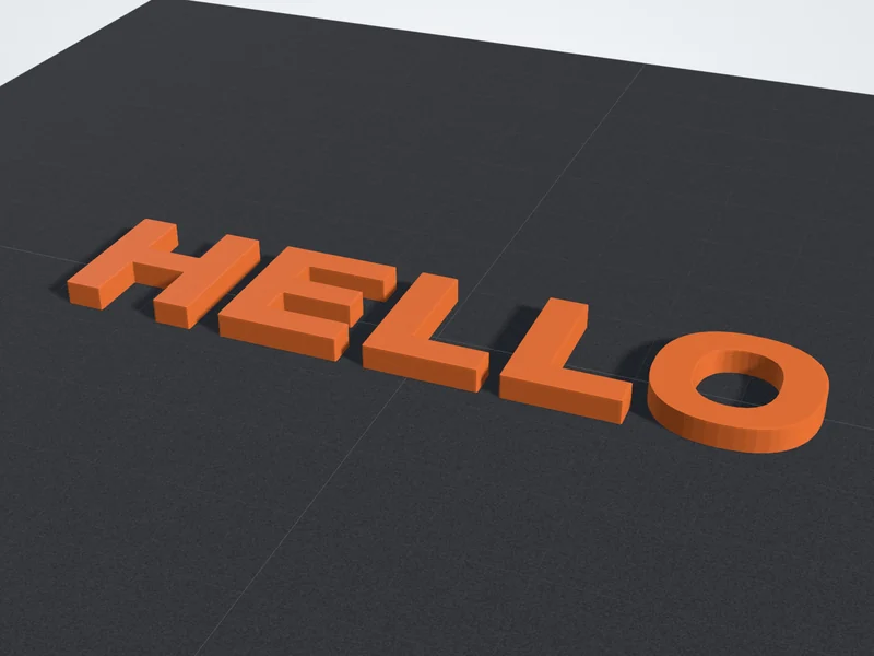 HELLO as separate 3D letters 4 mm thick, rendered on the build plate by the text to STL tool