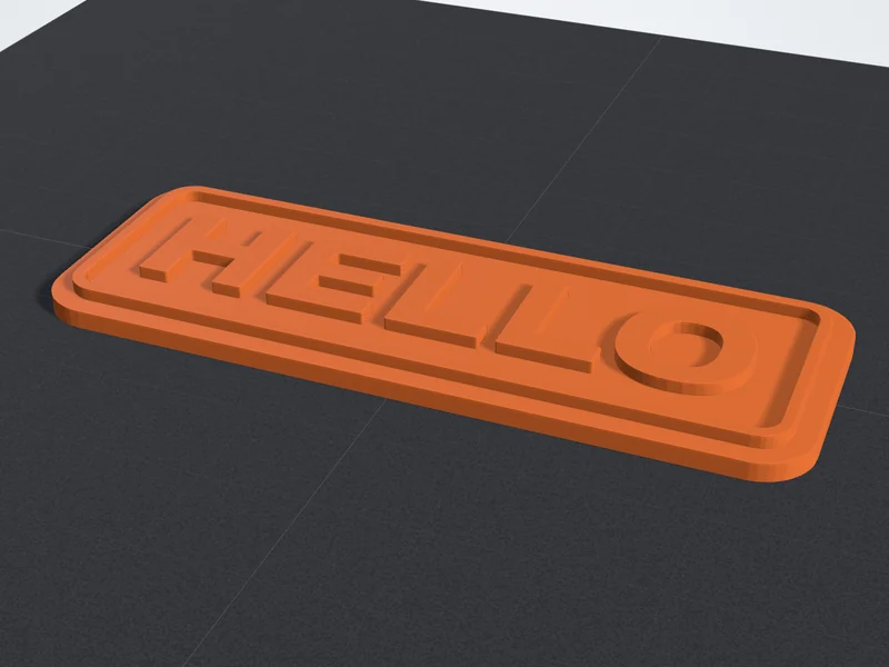 A HELLO name plate with a raised border, rendered on the build plate by the text to STL tool