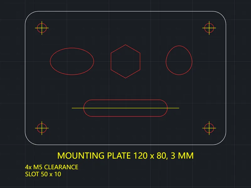 Sample DXF mounting plate in the viewer, with outline, cutout and notes layers