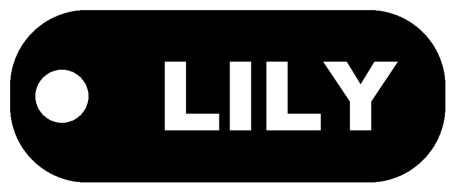 Black name tag PNG with the name LILY in white and a round key ring hole